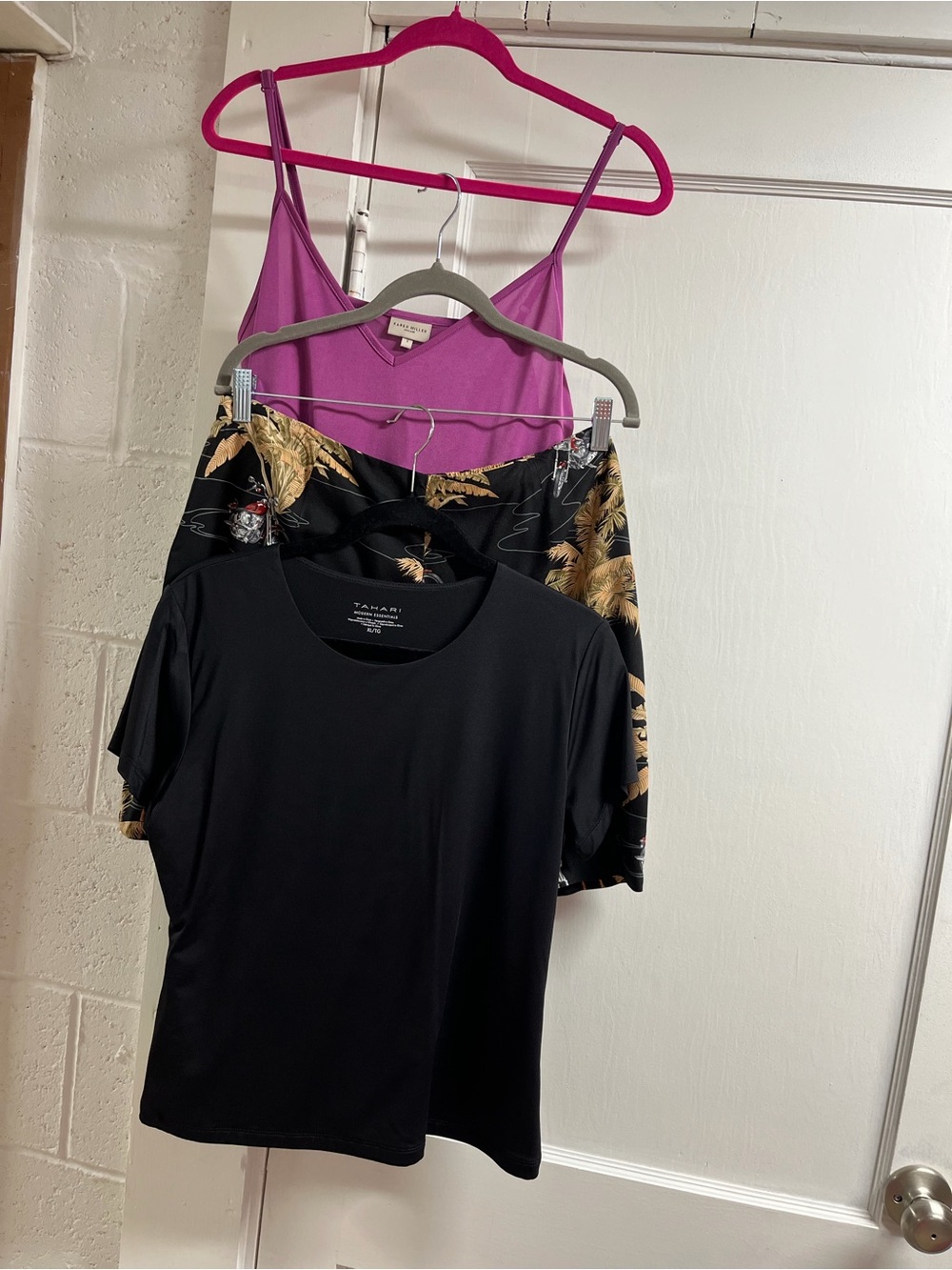 3 pc lot. Tahari Black tee/ HD Motorcycle Print Shorts/Karen Millen slip